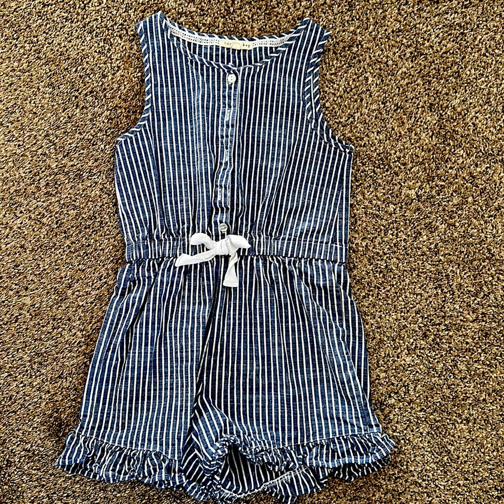 Copper Key Chambray blue and white Striped Romper